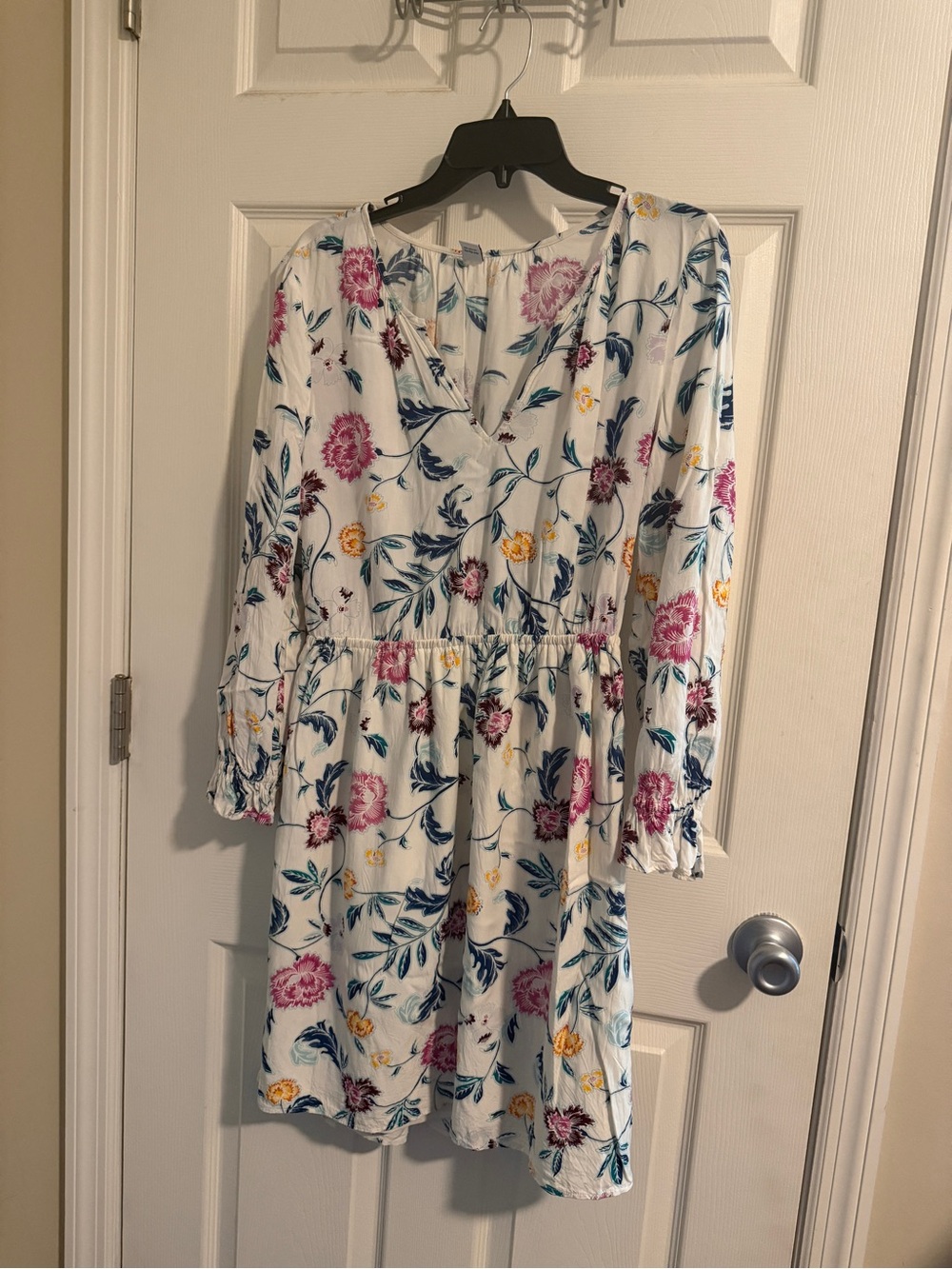Old Navy White Floral V-Neck Long Sleeve Dress with Pink and Yellow Blooms